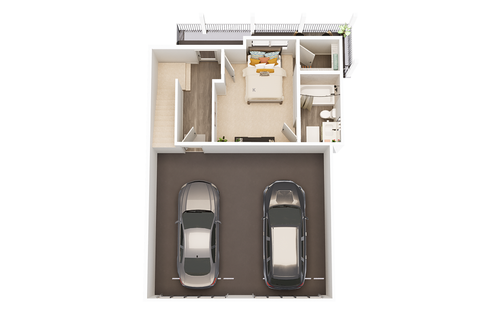 Townhouse 2 - 3 bedroom floorplan layout with 3.5 baths and 1836 square feet. (Floor 1)