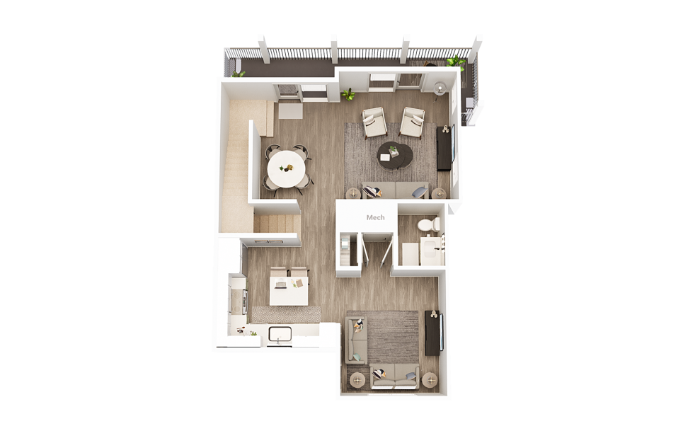 Townhouse 2 - 3 bedroom floorplan layout with 3.5 baths and 1836 square feet. (Floor 2)