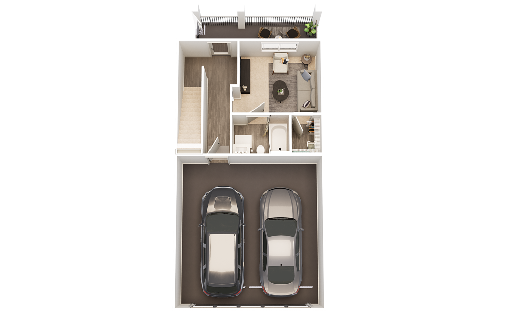 Townhouse 1 - 3 bedroom floorplan layout with 3.5 bathrooms and 1580 square feet (Floor 1)