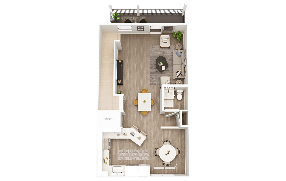 Townhouse 1 - 3 bedroom floorplan layout with 3.5 baths and 1580 square feet. (Floor 2)