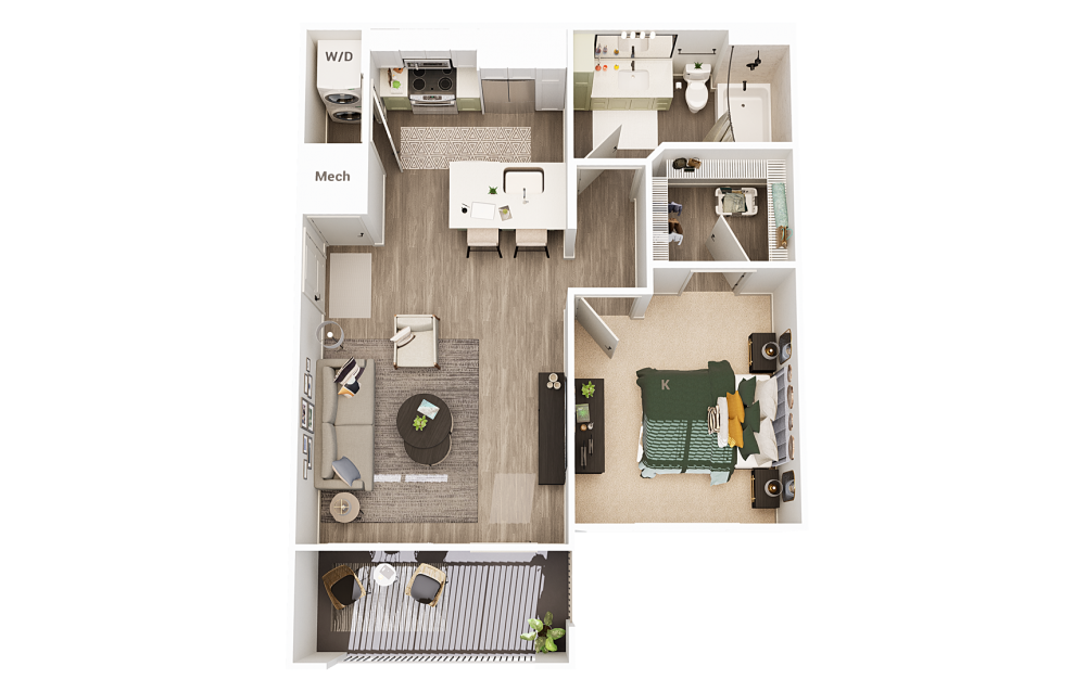 A1 - 1 bedroom floorplan layout with 1 bath and 661 square feet.