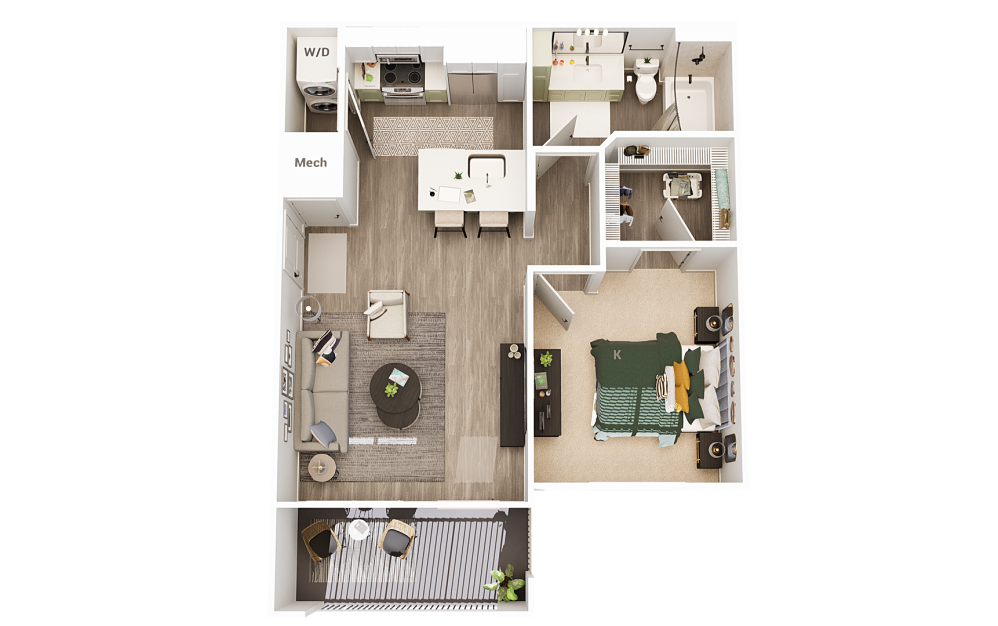 A1 - 1 bedroom floorplan layout with 1 bathroom and 661 square feet