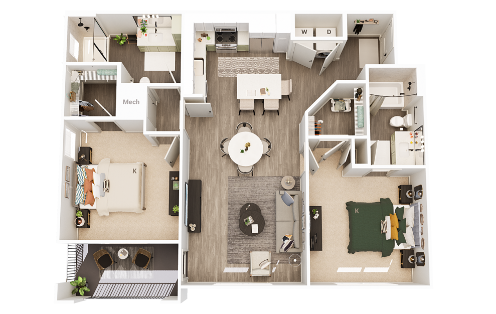 B1 - 2 bedroom floorplan layout with 2 baths and 1063 square feet.