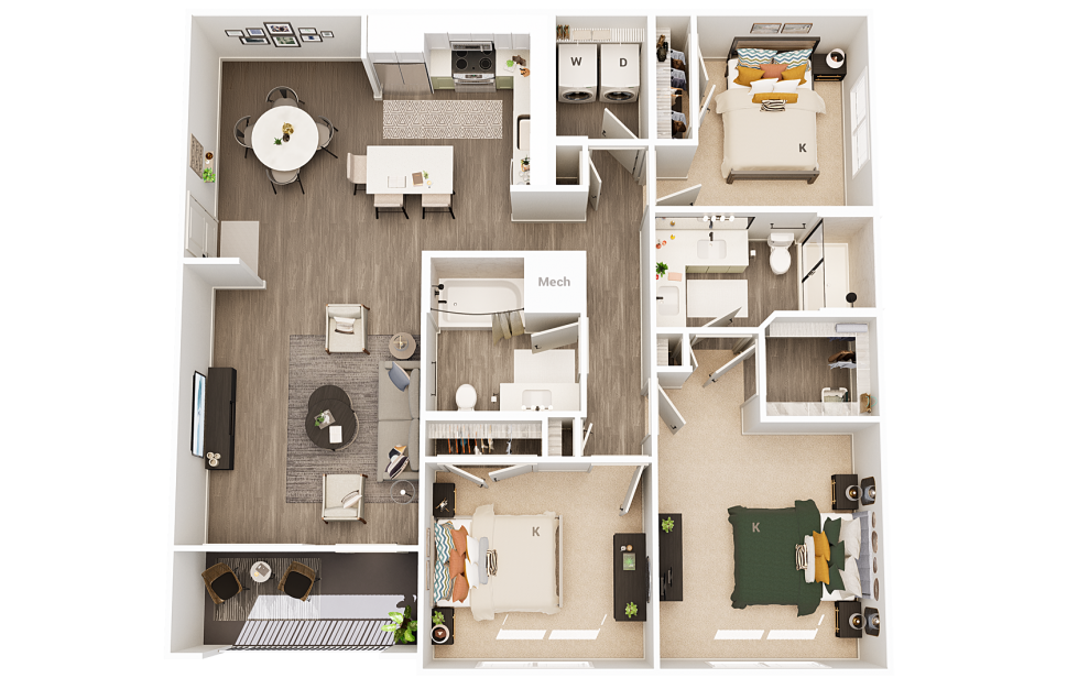 C1 - 3 bedroom floorplan layout with 2 baths and 1336 square feet.