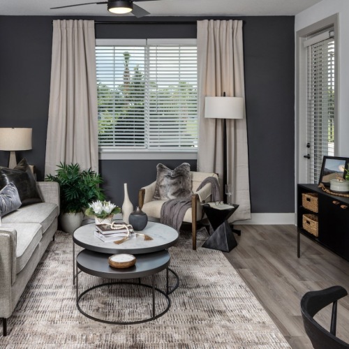 2-Bedroom Townhomes in Clermont, FL - Broadstone Overlands - Living Room with Luxury Plank-Style Flooring, Area Rug, Medium-Sized Window with Blinds and Full-Length Curtains, Two-toned Walls, Furniture, and Fixtures, Couch, Armchair, Coffee Table, Media C