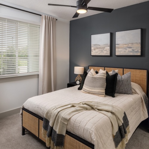 Three-Bedroom Townhomes in Clermont, FL - Broadstone Overlands - Bedroom with Carpeted Flooring, Ceiling Fan, Two-toned Walls, Furniture, and Fixtures, Queen-Sized Bed, Nightstands with Lamps, Two Medium-Sized Windows with Blinds and Full-Length Curtains,